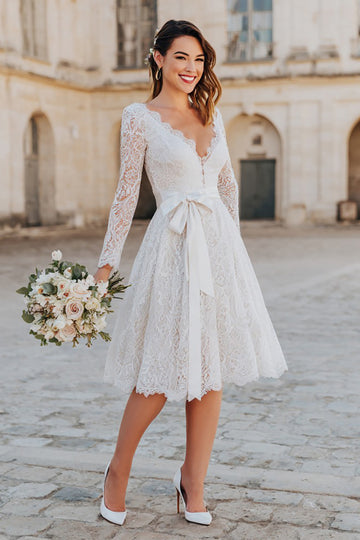 Elegant Ivory Lace A-Line Courthouse Wedding Dress With Bow